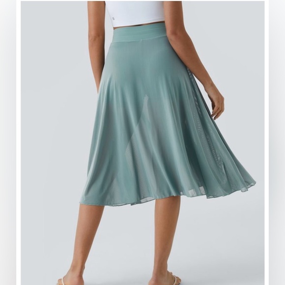 NWT HALARA High Waisted Drawstring Contrast Mesh 2-in-1 Pocket Flowy Midi Flare - Picture 6 of 13